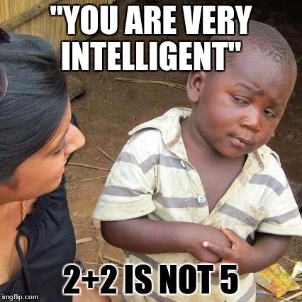 Third World Skeptical Kid Meme | "YOU ARE VERY INTELLIGENT"; 2+2 IS NOT 5 | image tagged in memes,third world skeptical kid | made w/ Imgflip meme maker