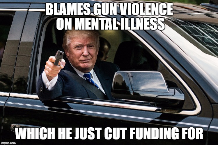 trump gun | BLAMES GUN VIOLENCE ON MENTAL ILLNESS; WHICH HE JUST CUT FUNDING FOR | image tagged in trump gun | made w/ Imgflip meme maker