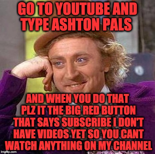 Plz Subscribe then comment you SUBSCRIBED thanks | GO TO YOUTUBE AND TYPE ASHTON PALS; AND WHEN YOU DO THAT PLZ IT THE BIG RED BUTTON THAT SAYS SUBSCRIBE I DON'T HAVE VIDEOS YET SO YOU CANT WATCH ANYTHING ON MY CHANNEL | image tagged in memes,creepy condescending wonka,funny,nfl,cards,youtube | made w/ Imgflip meme maker