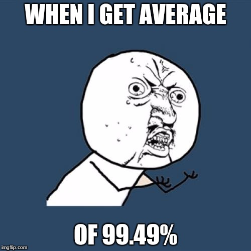 Y U No Meme | WHEN I GET AVERAGE; OF 99.49% | image tagged in memes,y u no | made w/ Imgflip meme maker