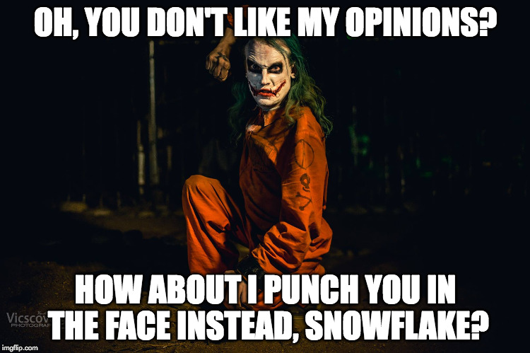 OH, YOU DON'T LIKE MY OPINIONS? HOW ABOUT I PUNCH YOU IN THE FACE INSTEAD, SNOWFLAKE? | image tagged in angry joker | made w/ Imgflip meme maker