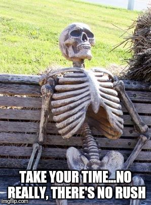 Waiting Skeleton Meme | TAKE YOUR TIME...NO REALLY, THERE'S NO RUSH | image tagged in memes,waiting skeleton | made w/ Imgflip meme maker