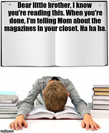 Big sister's journal | Dear little brother, I know you're reading this. When you're done, I'm telling Mom about the magazines in your closet. Ha ha ha. | image tagged in diary | made w/ Imgflip meme maker