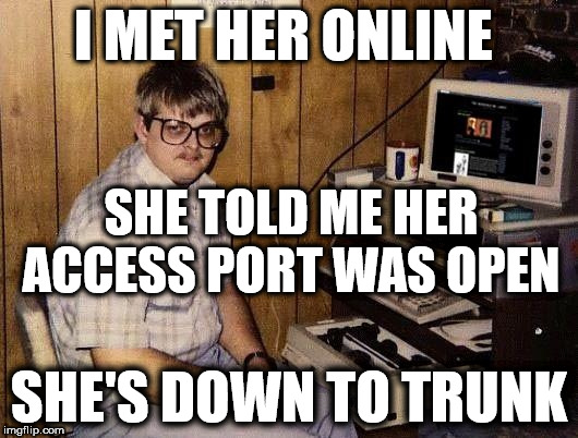 Down to Trunk? | I MET HER ONLINE; SHE TOLD ME HER ACCESS PORT WAS OPEN; SHE'S DOWN TO TRUNK | image tagged in 80's computer guy,funny,memes,computer nerd,computer guy | made w/ Imgflip meme maker