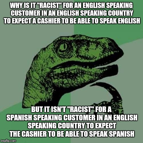 Philosoraptor | WHY IS IT "RACIST" FOR AN ENGLISH SPEAKING CUSTOMER IN AN ENGLISH SPEAKING COUNTRY TO EXPECT A CASHIER TO BE ABLE TO SPEAK ENGLISH; BUT IT ISN'T "RACIST" FOR A SPANISH SPEAKING CUSTOMER IN AN ENGLISH SPEAKING COUNTRY TO EXPECT THE CASHIER TO BE ABLE TO SPEAK SPANISH | image tagged in memes,philosoraptor | made w/ Imgflip meme maker