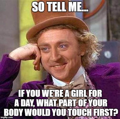 I will touch my.... >...< | SO TELL ME... IF YOU WE'RE A GIRL FOR A DAY, WHAT PART OF YOUR BODY WOULD YOU TOUCH FIRST? | image tagged in memes,creepy condescending wonka,funny,meme wars,so true memes,hot girls | made w/ Imgflip meme maker