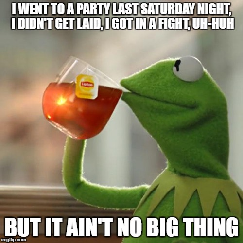 It Ain't No Big Thing | I WENT TO A PARTY LAST SATURDAY NIGHT, I DIDN'T GET LAID, I GOT IN A FIGHT, UH-HUH; BUT IT AIN'T NO BIG THING | image tagged in memes,but thats none of my business,kermit the frog,lita ford,kiss me deadly | made w/ Imgflip meme maker