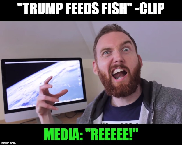 Trump feeding fish creates media outcry | "TRUMP FEEDS FISH" -CLIP; MEDIA: "REEEEE!" | image tagged in media overreaction,humor,pepe the frog,truth | made w/ Imgflip meme maker