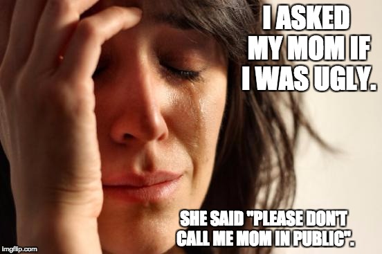 First World Problems | I ASKED MY MOM IF I WAS UGLY. SHE SAID "PLEASE DON'T CALL ME MOM IN PUBLIC". | image tagged in memes,first world problems | made w/ Imgflip meme maker