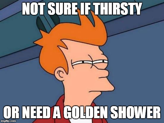 Futurama Fry Meme | NOT SURE IF THIRSTY OR NEED A GOLDEN SHOWER | image tagged in memes,futurama fry | made w/ Imgflip meme maker