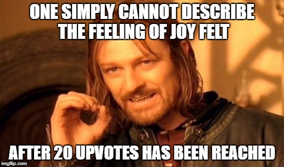 Upvote feeling | ONE SIMPLY CANNOT DESCRIBE THE FEELING OF JOY FELT; AFTER 20 UPVOTES HAS BEEN REACHED | image tagged in memes,one does not simply,upvotes | made w/ Imgflip meme maker
