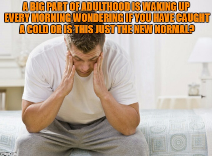 Waking up regret | A BIG PART OF ADULTHOOD IS WAKING UP EVERY MORNING WONDERING IF YOU HAVE CAUGHT A COLD OR IS THIS JUST THE NEW NORMAL? | image tagged in waking up,funny,memes,funny memes,adulthood,growing up | made w/ Imgflip meme maker