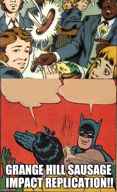 Batman Zammo's Robin | GRANGE HILL SAUSAGE IMPACT REPLICATION!! | image tagged in batman slapping robin | made w/ Imgflip meme maker