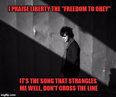 21st Century Breakdown with Billie Joe | I PRAISE LIBERTY
THE "FREEDOM TO OBEY"; IT'S THE SONG THAT STRANGLES ME
WELL, DON'T CROSS THE LINE | image tagged in punk,21st century,freedom | made w/ Imgflip meme maker