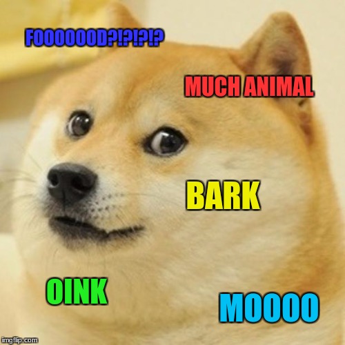 Doge | FOOOOOOD?!?!?!? MUCH ANIMAL; BARK; OINK; MOOOO | image tagged in memes,doge | made w/ Imgflip meme maker