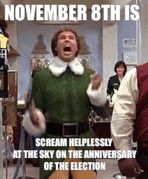 Screaming buddy the elf | NOVEMBER 8TH IS; SCREAM HELPLESSLY AT THE SKY ON THE ANNIVERSARY OF THE ELECTION | image tagged in screaming buddy the elf | made w/ Imgflip meme maker