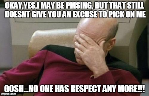 Captain Picard Facepalm Meme | OKAY,YES,I MAY BE PMSING, BUT THAT STILL DOESNT GIVE YOU AN EXCUSE TO PICK ON ME; GOSH...NO ONE HAS RESPECT ANY MORE!!! | image tagged in memes,captain picard facepalm | made w/ Imgflip meme maker