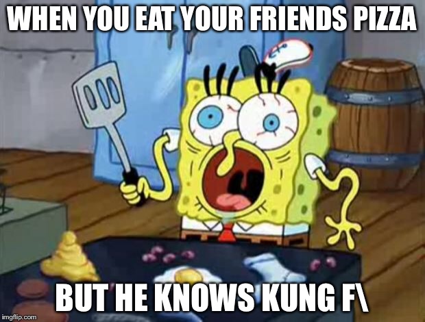 Spongebob cook | WHEN YOU EAT YOUR FRIENDS PIZZA; BUT HE KNOWS KUNG F\ | image tagged in spongebob cook | made w/ Imgflip meme maker