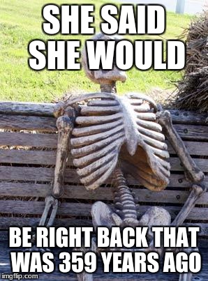 Waiting Skeleton | SHE SAID SHE WOULD; BE RIGHT BACK THAT WAS 359 YEARS AGO | image tagged in memes,waiting skeleton | made w/ Imgflip meme maker