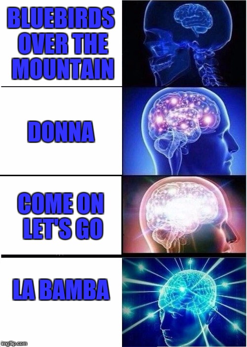 The Logic of Ritchie Valens Songs | BLUEBIRDS OVER THE MOUNTAIN; DONNA; COME ON LET'S GO; LA BAMBA | image tagged in memes,expanding brain,1950's,logic,why can't i hold all these limes | made w/ Imgflip meme maker