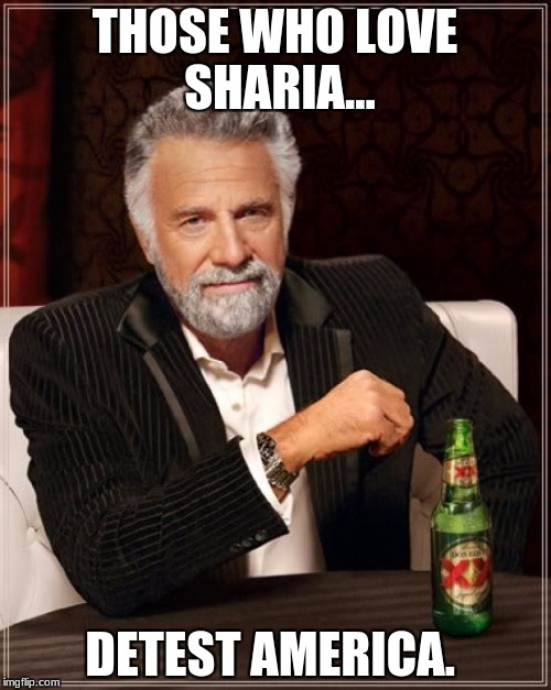 Keep Your Sharia.Keep Out of Our America. | THOSE WHO LOVE SHARIA... DETEST AMERICA. | image tagged in memes,the most interesting man in the world,sharia law,islam,america,immigrants | made w/ Imgflip meme maker