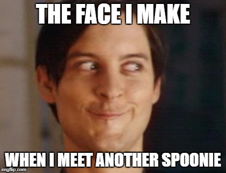 Spiderman Peter Parker | THE FACE I MAKE; WHEN I MEET ANOTHER SPOONIE | image tagged in memes,spiderman peter parker | made w/ Imgflip meme maker