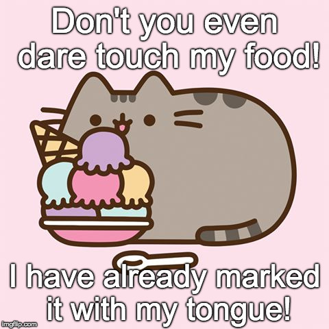 Keep Away! | Don't you even dare touch my food! I have already marked it with my tongue! | image tagged in memes,pusheen,funny | made w/ Imgflip meme maker