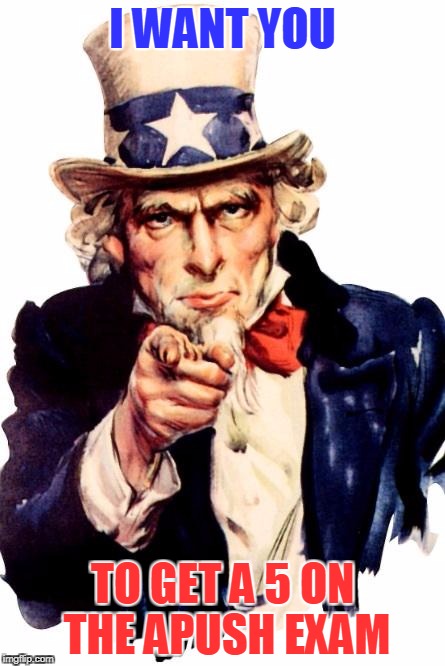 Uncle Sam | I WANT YOU; TO GET A 5 ON THE APUSH EXAM | image tagged in uncle sam | made w/ Imgflip meme maker