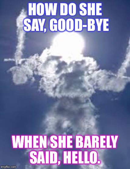 Dual-Wield Cloud armored sun | HOW DO SHE SAY, GOOD-BYE; WHEN SHE BARELY SAID, HELLO. | image tagged in dual-wield cloud armored sun | made w/ Imgflip meme maker