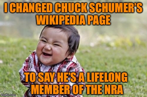Evil Toddler Meme | I CHANGED CHUCK SCHUMER’S WIKIPEDIA PAGE; TO SAY HE’S A LIFELONG MEMBER OF THE NRA | image tagged in memes,evil toddler | made w/ Imgflip meme maker
