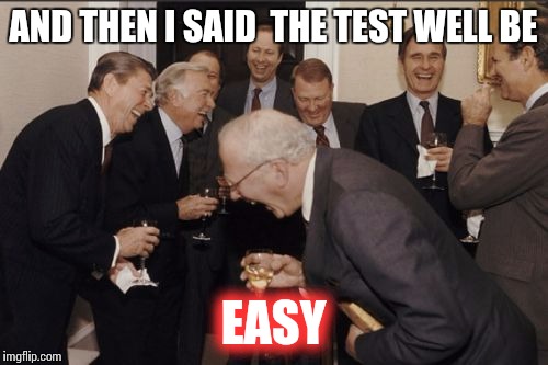 Laughing Men In Suits | AND THEN I SAID 
THE TEST WELL BE; EASY | image tagged in memes,laughing men in suits | made w/ Imgflip meme maker