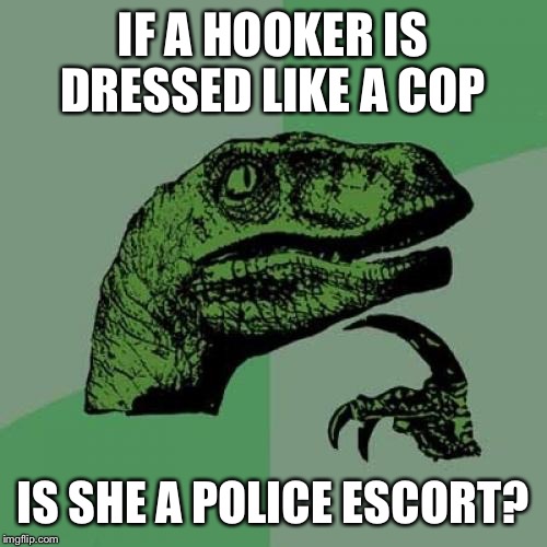 Philosoraptor | IF A HOOKER IS DRESSED LIKE A COP; IS SHE A POLICE ESCORT? | image tagged in memes,philosoraptor | made w/ Imgflip meme maker
