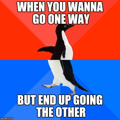 Socially Awesome Awkward Penguin Meme | WHEN YOU WANNA GO ONE WAY; BUT END UP GOING THE OTHER | image tagged in memes,socially awesome awkward penguin | made w/ Imgflip meme maker