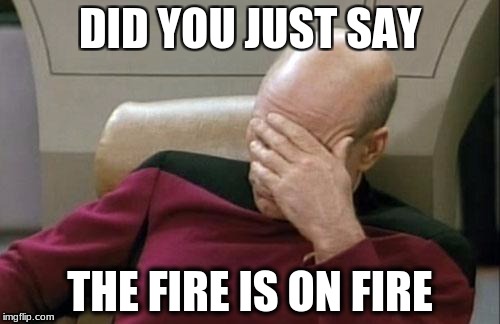 Captain Picard Facepalm | DID YOU JUST SAY; THE FIRE IS ON FIRE | image tagged in memes,captain picard facepalm | made w/ Imgflip meme maker