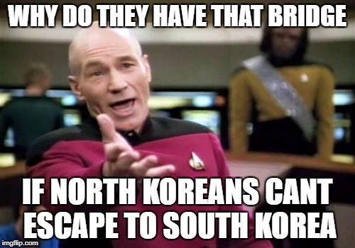 Picard Wtf Meme | WHY DO THEY HAVE THAT BRIDGE IF NORTH KOREANS CANT ESCAPE TO SOUTH KOREA | image tagged in memes,picard wtf | made w/ Imgflip meme maker