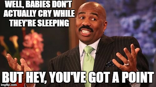 Steve Harvey Meme | WELL, BABIES DON'T ACTUALLY CRY WHILE THEY'RE SLEEPING BUT HEY, YOU'VE GOT A POINT | image tagged in memes,steve harvey | made w/ Imgflip meme maker