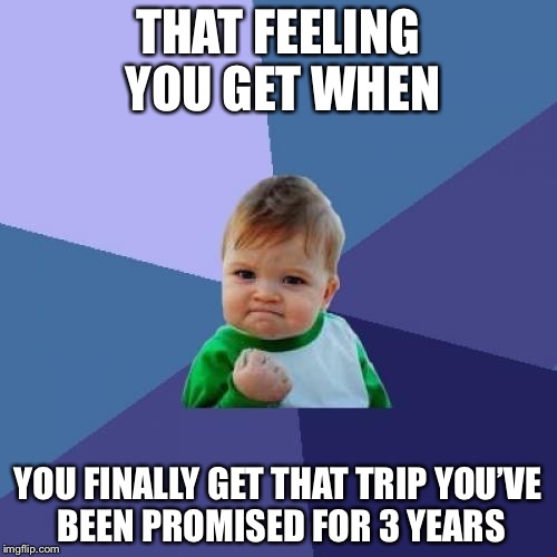 Success Kid Meme | THAT FEELING YOU GET WHEN; YOU FINALLY GET THAT TRIP YOU’VE BEEN PROMISED FOR 3 YEARS | image tagged in memes,success kid | made w/ Imgflip meme maker
