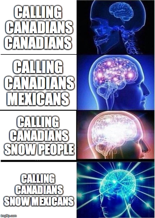 Expanding Brain Meme | CALLING CANADIANS CANADIANS; CALLING CANADIANS MEXICANS; CALLING CANADIANS SNOW PEOPLE; CALLING CANADIANS SNOW MEXICANS | image tagged in memes,expanding brain | made w/ Imgflip meme maker