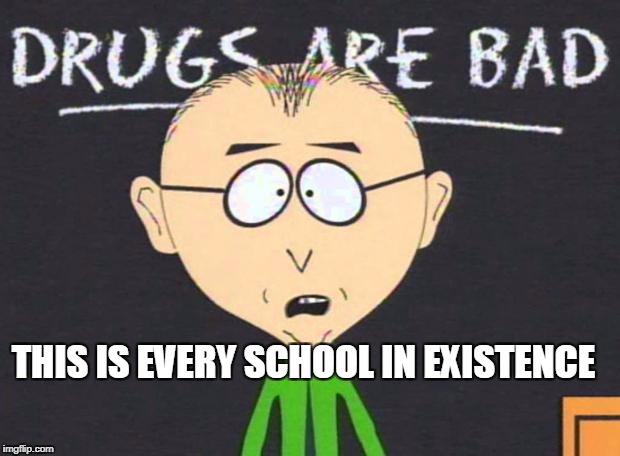 Drugs are bad | THIS IS EVERY SCHOOL IN EXISTENCE | image tagged in drugs are bad | made w/ Imgflip meme maker