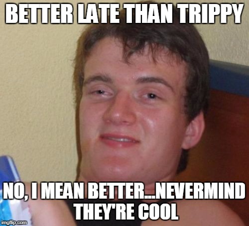 10 Guy Meme | BETTER LATE THAN TRIPPY NO, I MEAN BETTER...NEVERMIND THEY'RE COOL | image tagged in memes,10 guy | made w/ Imgflip meme maker