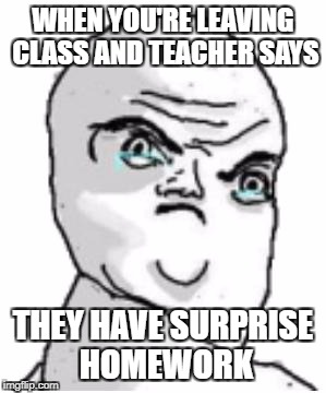 Not Okay Rage Face | WHEN YOU'RE LEAVING CLASS AND TEACHER SAYS; THEY HAVE SURPRISE HOMEWORK | image tagged in memes,not okay rage face | made w/ Imgflip meme maker