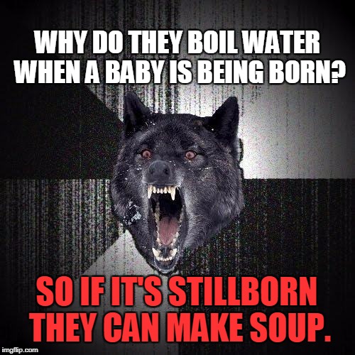 Insanity Wolf | WHY DO THEY BOIL WATER WHEN A BABY IS BEING BORN? SO IF IT'S STILLBORN THEY CAN MAKE SOUP. | image tagged in memes,insanity wolf | made w/ Imgflip meme maker