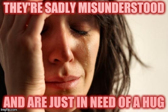 First World Problems Meme | THEY'RE SADLY MISUNDERSTOOD AND ARE JUST IN NEED OF A HUG | image tagged in memes,first world problems | made w/ Imgflip meme maker