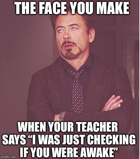Face You Make Robert Downey Jr Meme | THE FACE YOU MAKE; WHEN YOUR TEACHER SAYS “I WAS JUST CHECKING IF YOU WERE AWAKE’’ | image tagged in memes,face you make robert downey jr | made w/ Imgflip meme maker