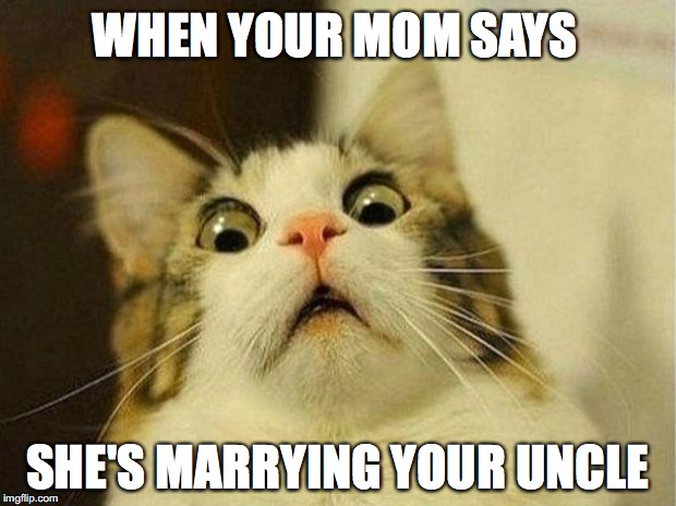 Scared Cat | WHEN YOUR MOM SAYS; SHE'S MARRYING YOUR UNCLE | image tagged in memes,scared cat | made w/ Imgflip meme maker