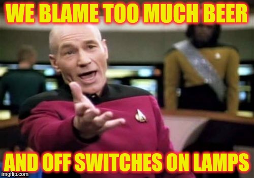 Picard Wtf Meme | WE BLAME TOO MUCH BEER AND OFF SWITCHES ON LAMPS | image tagged in memes,picard wtf | made w/ Imgflip meme maker