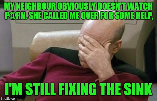 Saw something like this today, laughed, now I'm sharing, so you too can laugh. | MY NEIGHBOUR OBVIOUSLY DOESN'T WATCH P@RN. SHE CALLED ME OVER FOR SOME HELP, I'M STILL FIXING THE SINK | image tagged in memes,captain picard facepalm,sewmyeyesshut | made w/ Imgflip meme maker