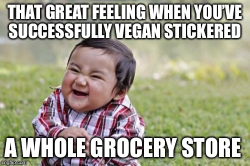 Evil Toddler Meme | THAT GREAT FEELING WHEN YOU’VE SUCCESSFULLY VEGAN STICKERED; A WHOLE GROCERY STORE | image tagged in memes,evil toddler | made w/ Imgflip meme maker