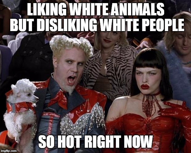 Mugatu So Hot Right Now Meme | LIKING WHITE ANIMALS BUT DISLIKING WHITE PEOPLE SO HOT RIGHT NOW | image tagged in memes,mugatu so hot right now | made w/ Imgflip meme maker