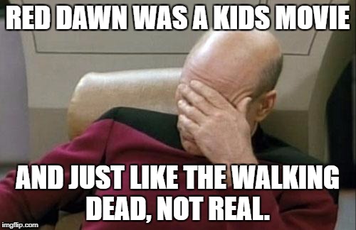 Captain Picard Facepalm Meme | RED DAWN WAS A KIDS MOVIE AND JUST LIKE THE WALKING DEAD, NOT REAL. | image tagged in memes,captain picard facepalm | made w/ Imgflip meme maker